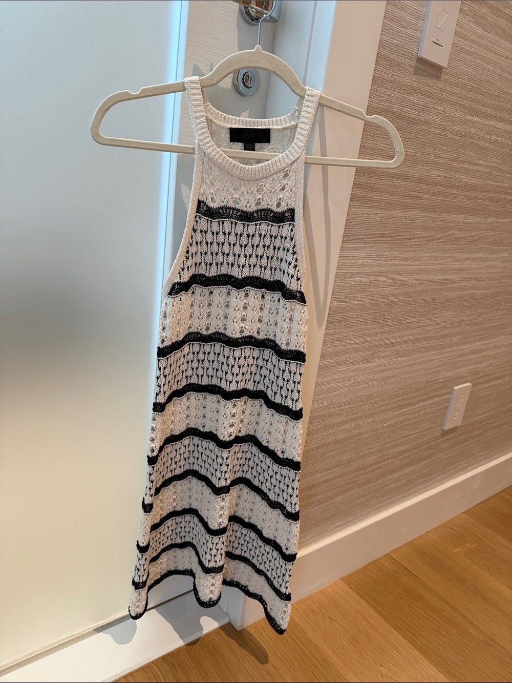 Zara White and Black Striped Knit Midi Dress